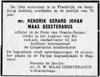 Overlijdensbericht Hendrik Gerard Johan (Henry) MG (1894-1966)